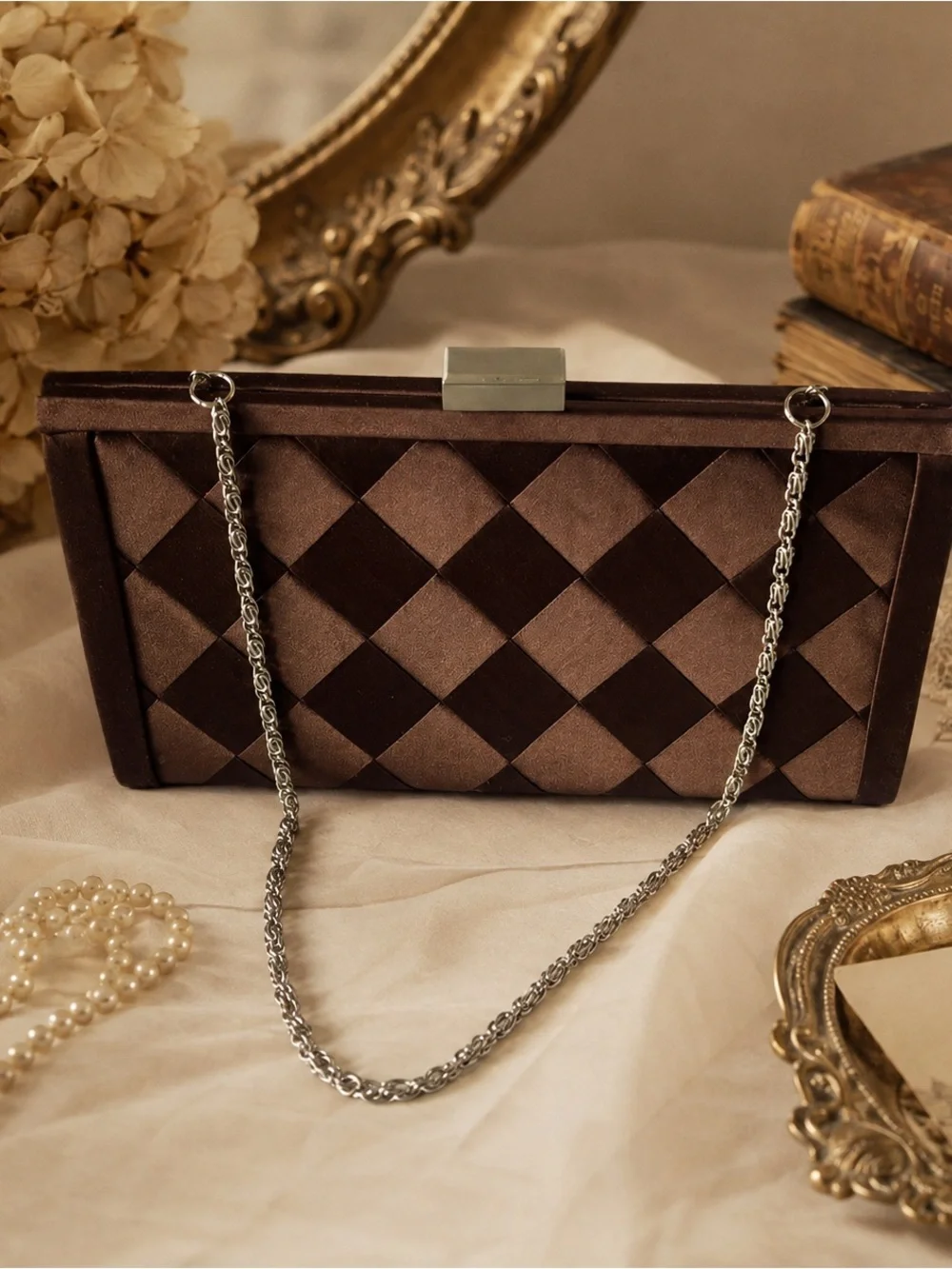 Vintage Katie Landry Brown Woven Satin Evening Clutch Purse w/ Chain Strap
